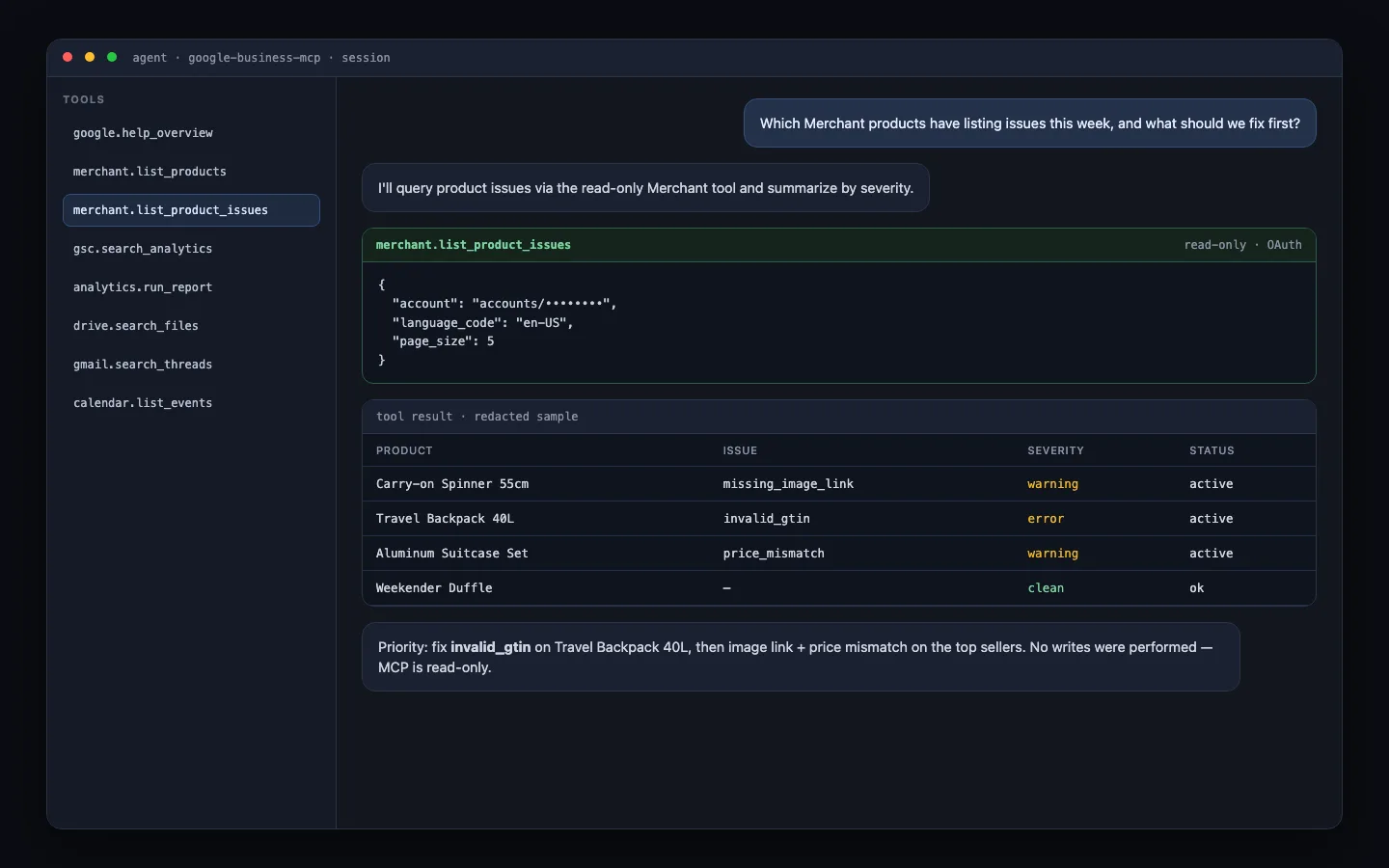 Agent using Google Business MCP to query merchant issues