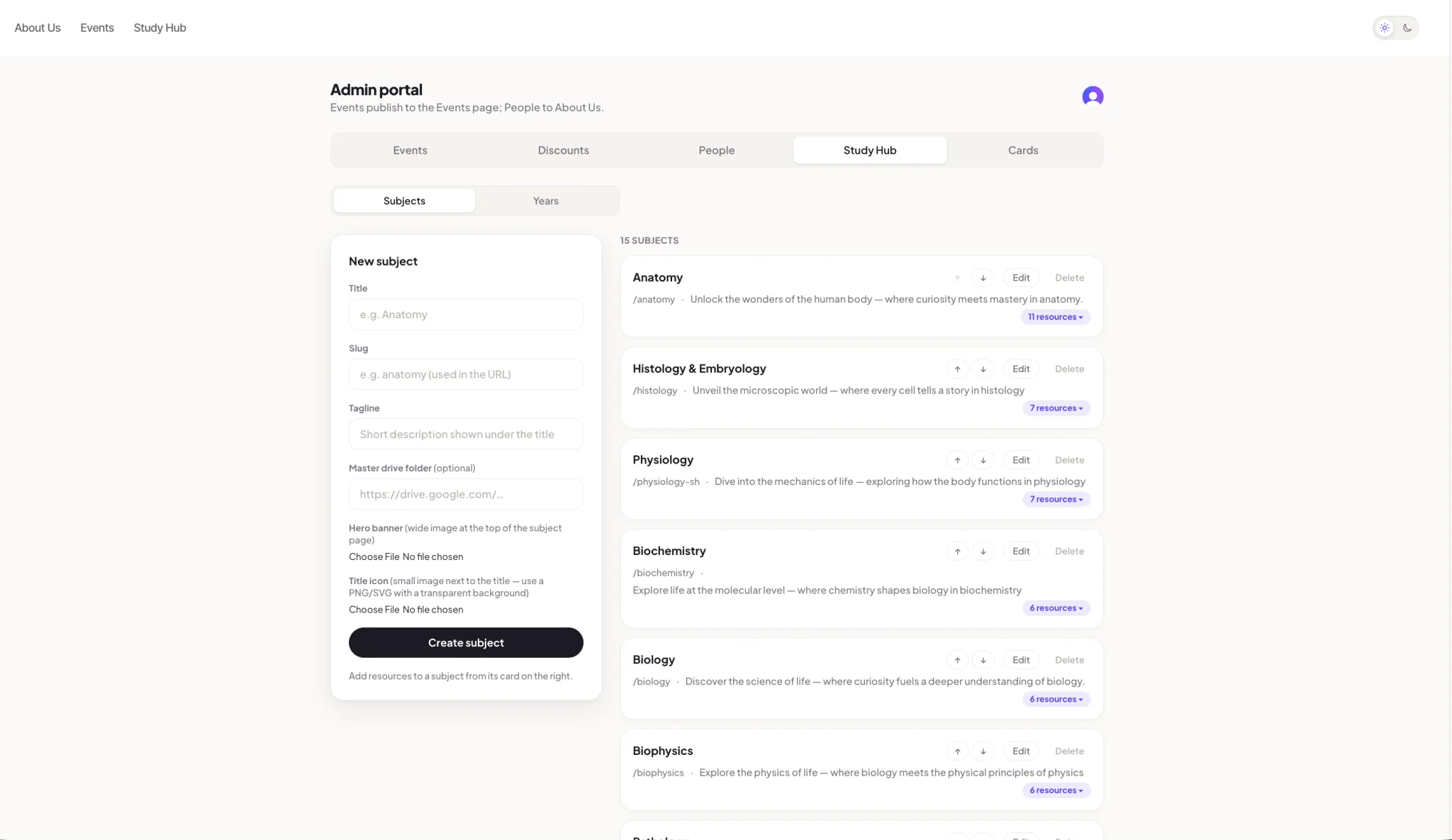 MIMSA admin portal — committee manages Study Hub subjects and resources