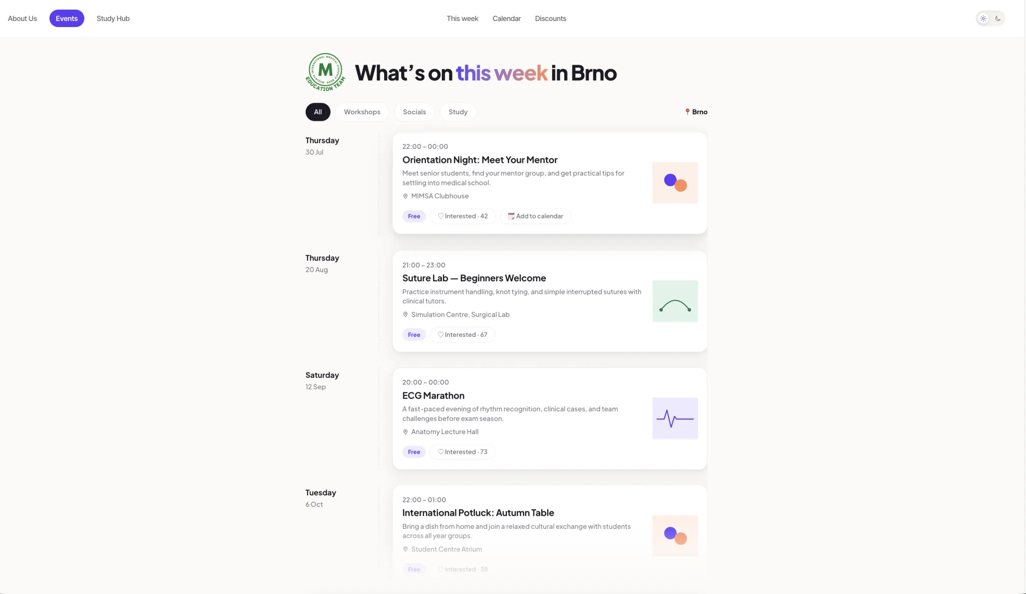 MIMSA events : upcoming events timeline for students in Brno