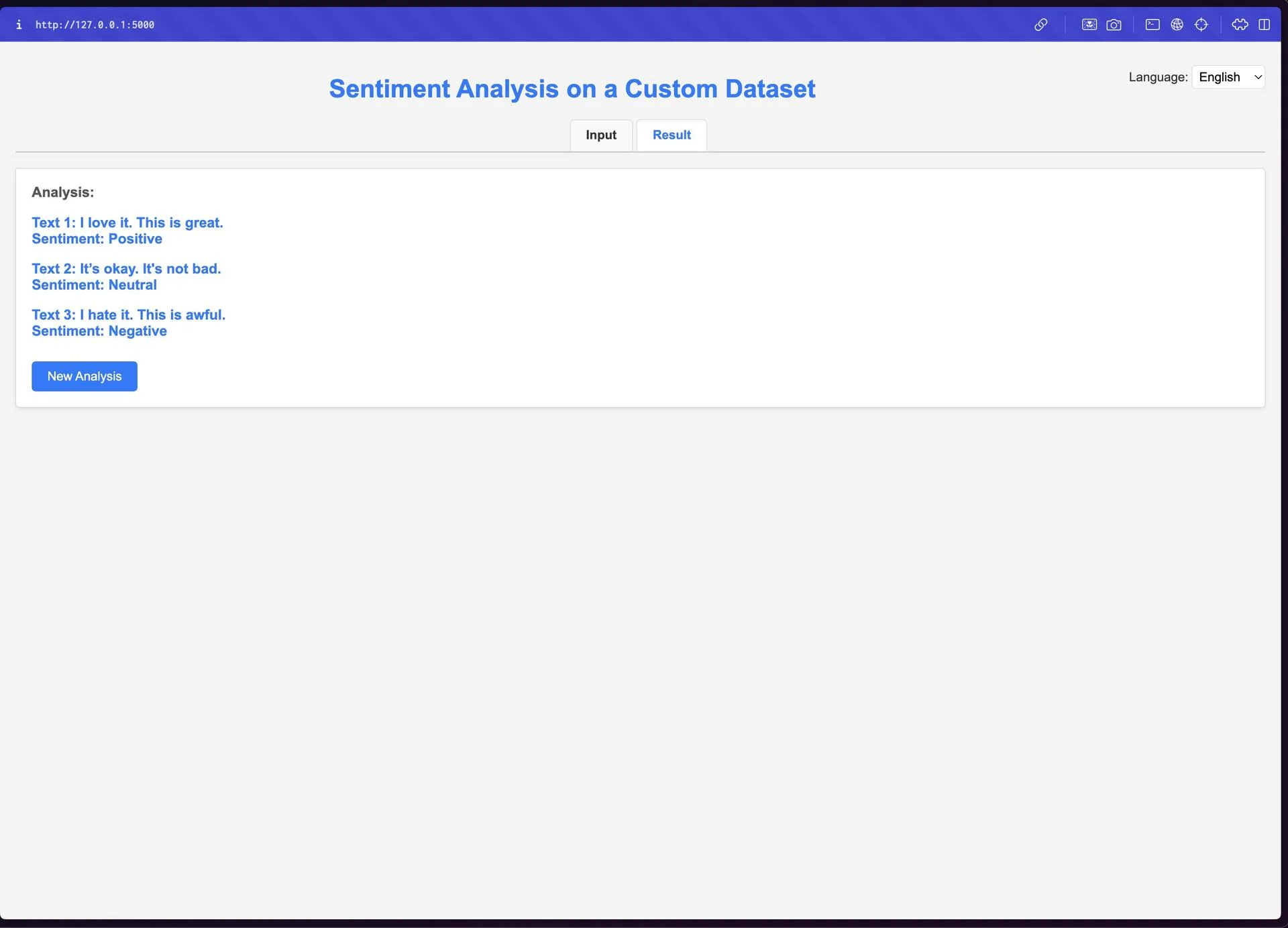MultiSent result view — positive, neutral, and negative labels