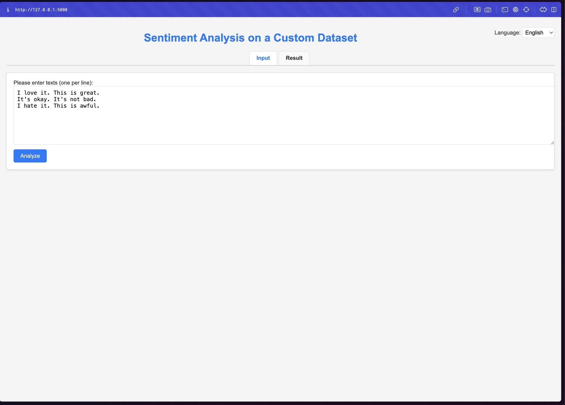 MultiSent input view — enter texts for sentiment analysis