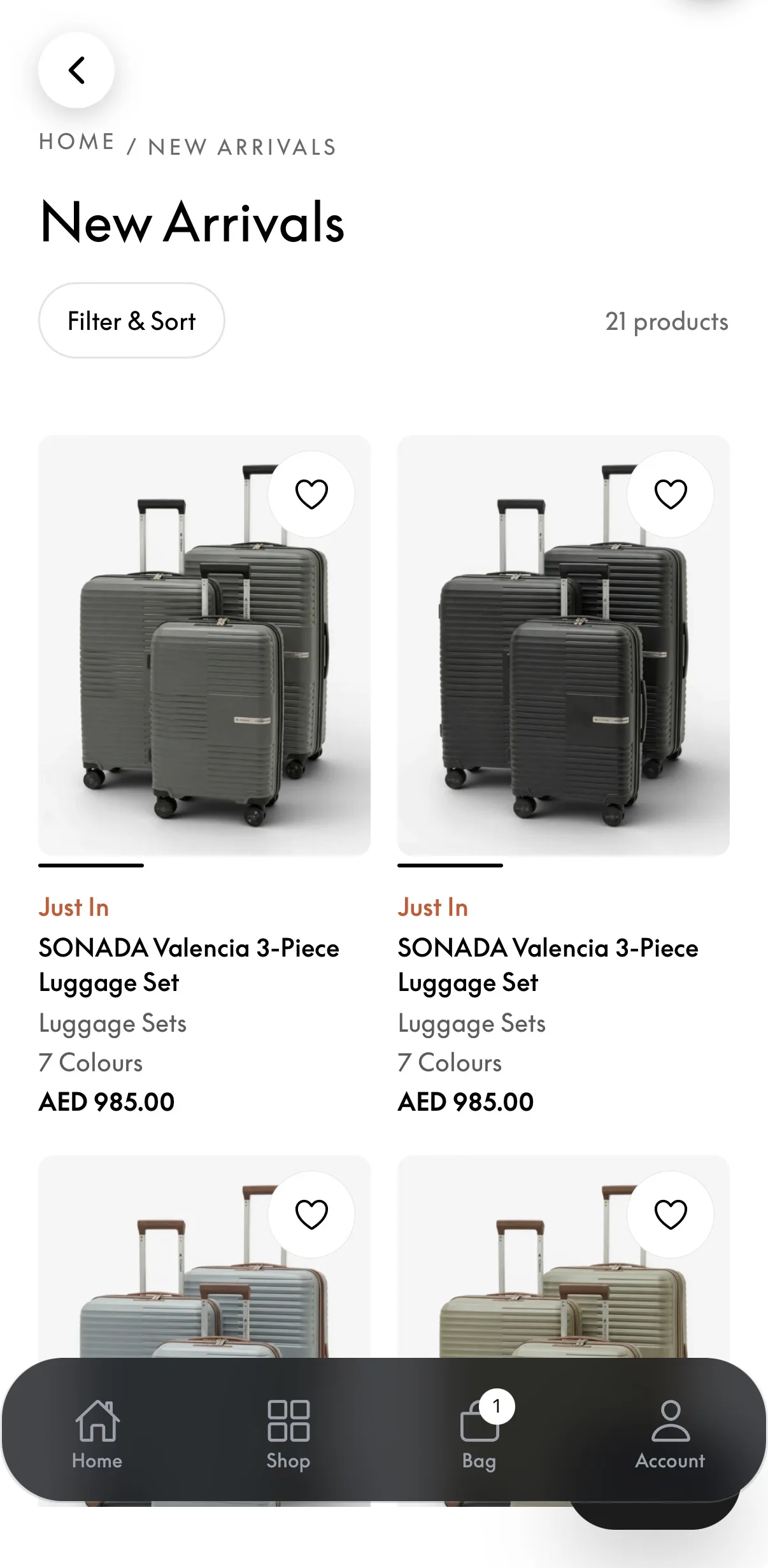 Travel Avenue mobile app new arrivals product grid